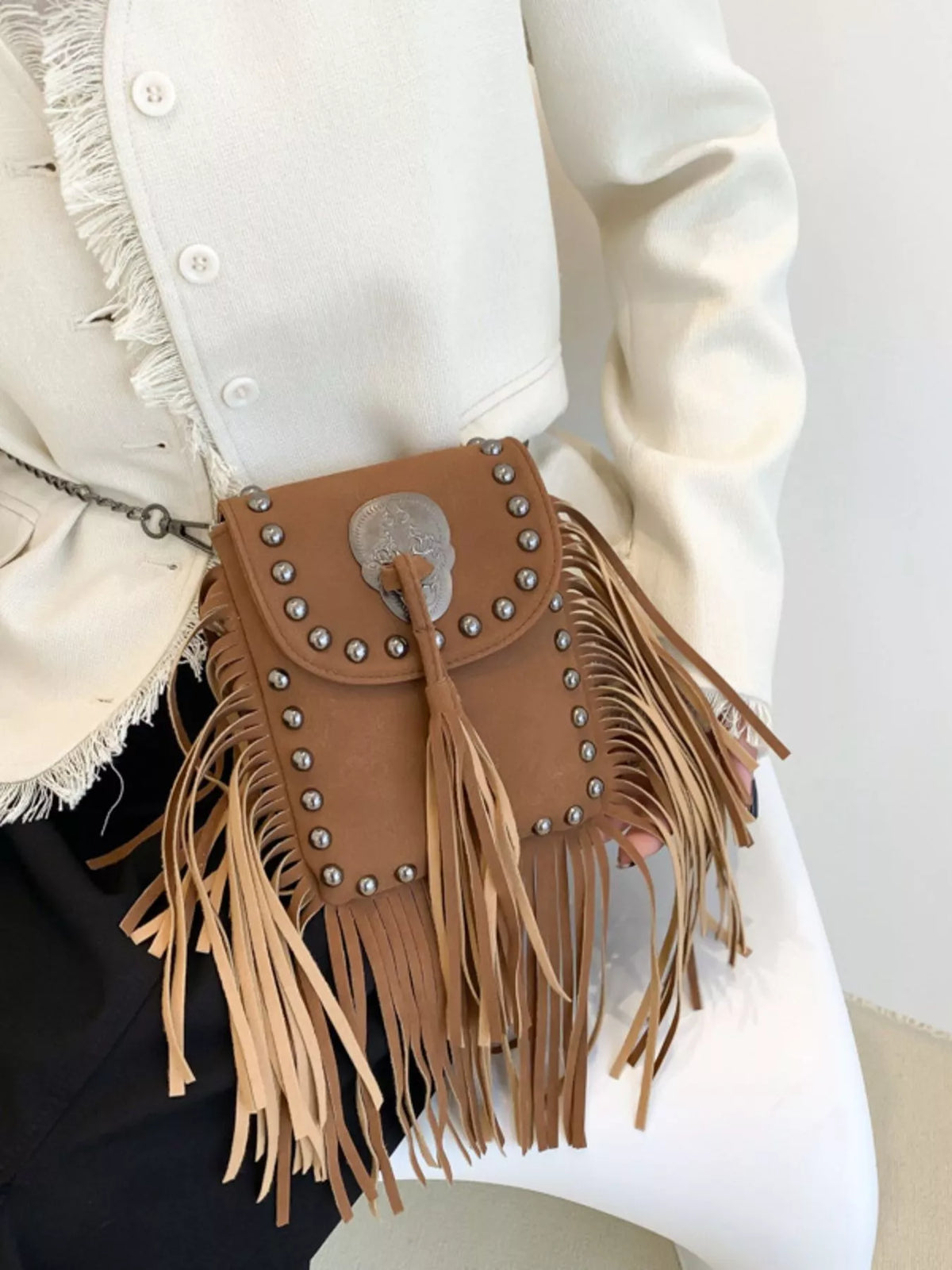 Fringe Rivet Crossbody Bag