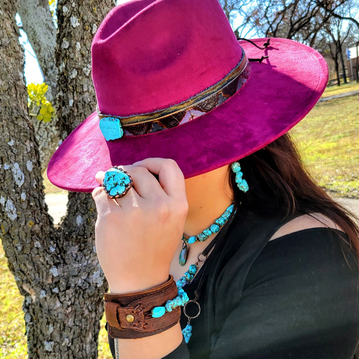 Wide Leather Cuff with Natural Turquoise