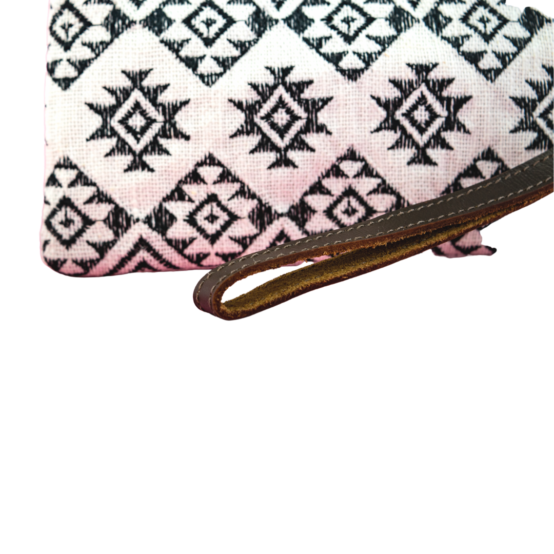 Geometric Embroidered Wristlet with Leather Strap