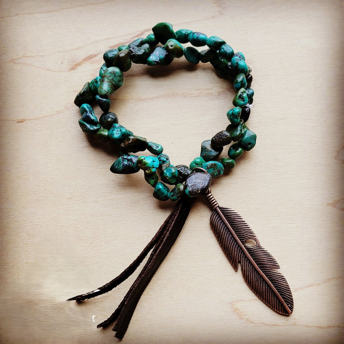 Double Strand Turquoise Feather Tassel Bracelet
