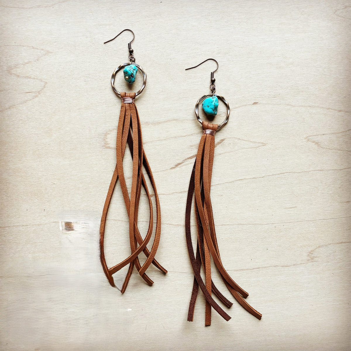 Turquoise Drop Earrings with Suede Tassel