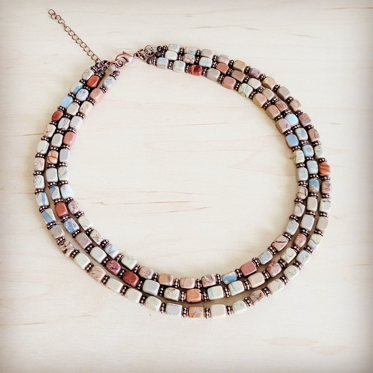 Triple Strand Aqua Terra & Copper Necklace