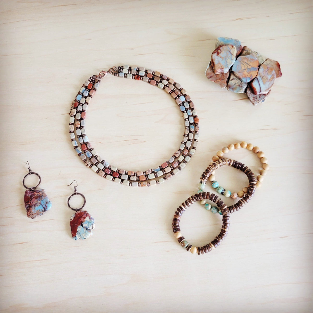 Triple Strand Aqua Terra & Copper Necklace