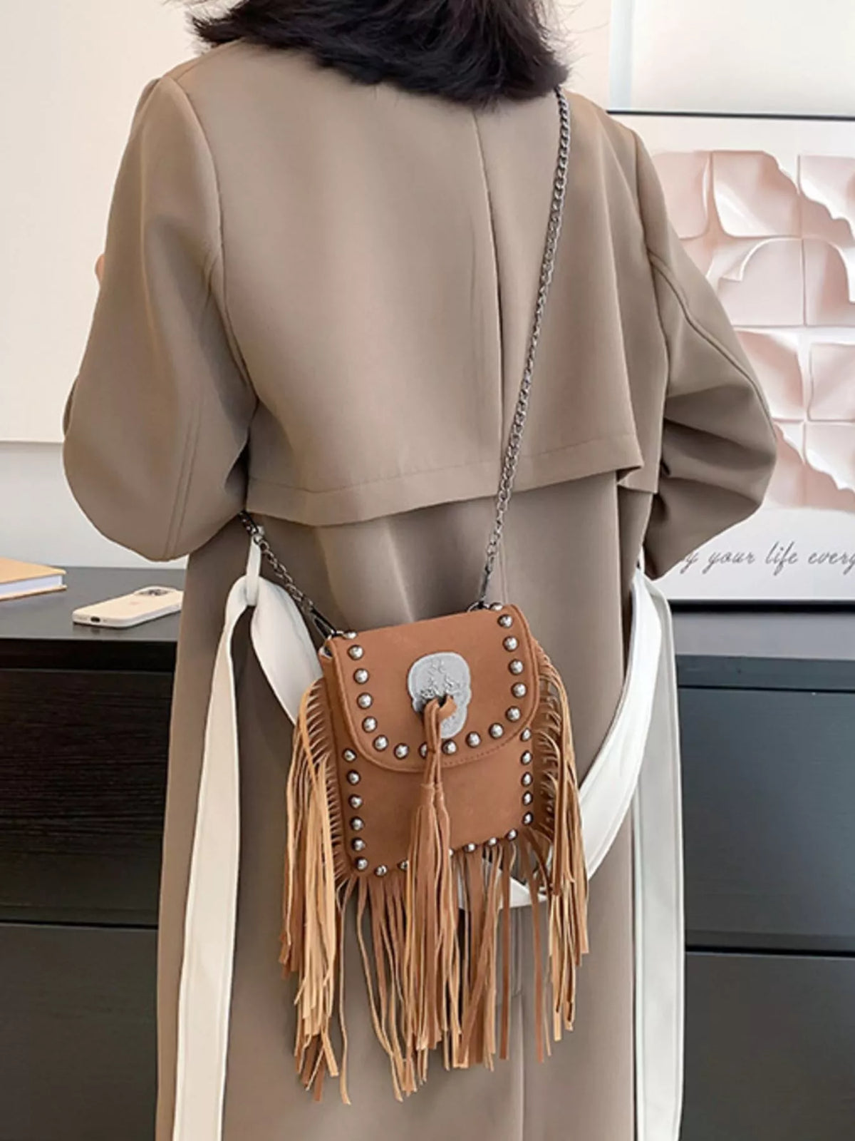 Fringe Rivet Crossbody Bag
