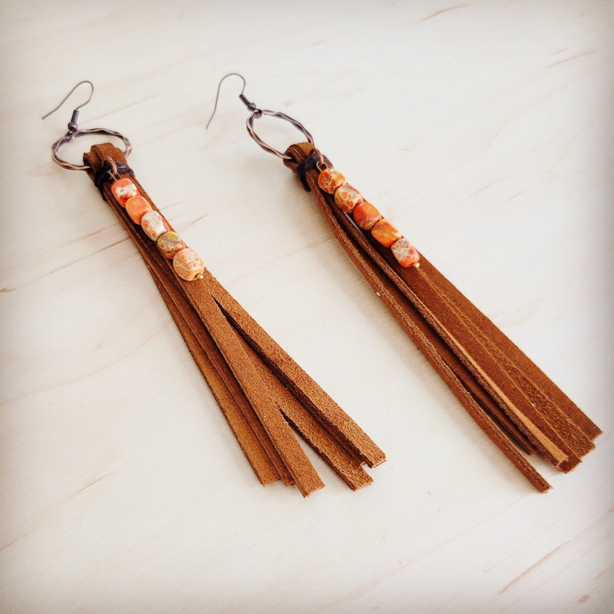 Leather Fringe Earrings with Orange Regalite