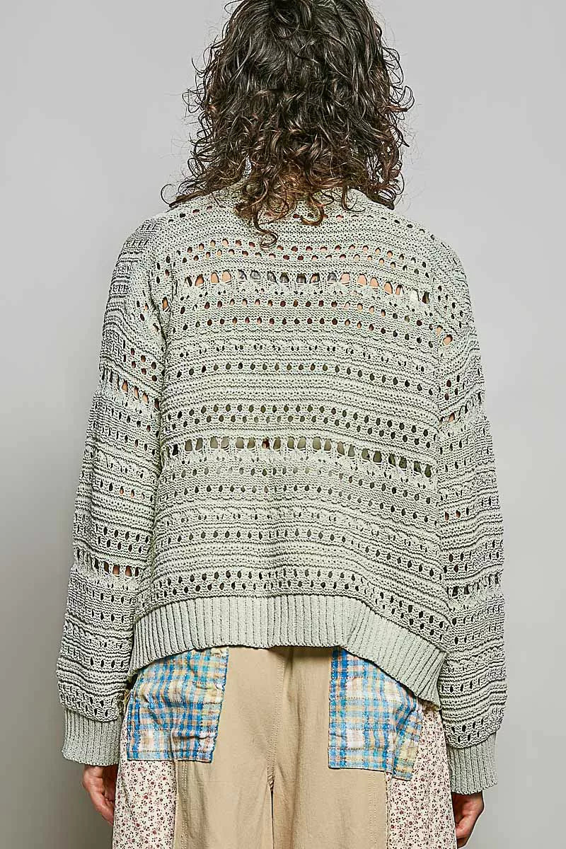 Open-Knit Floral Button Cardigan
