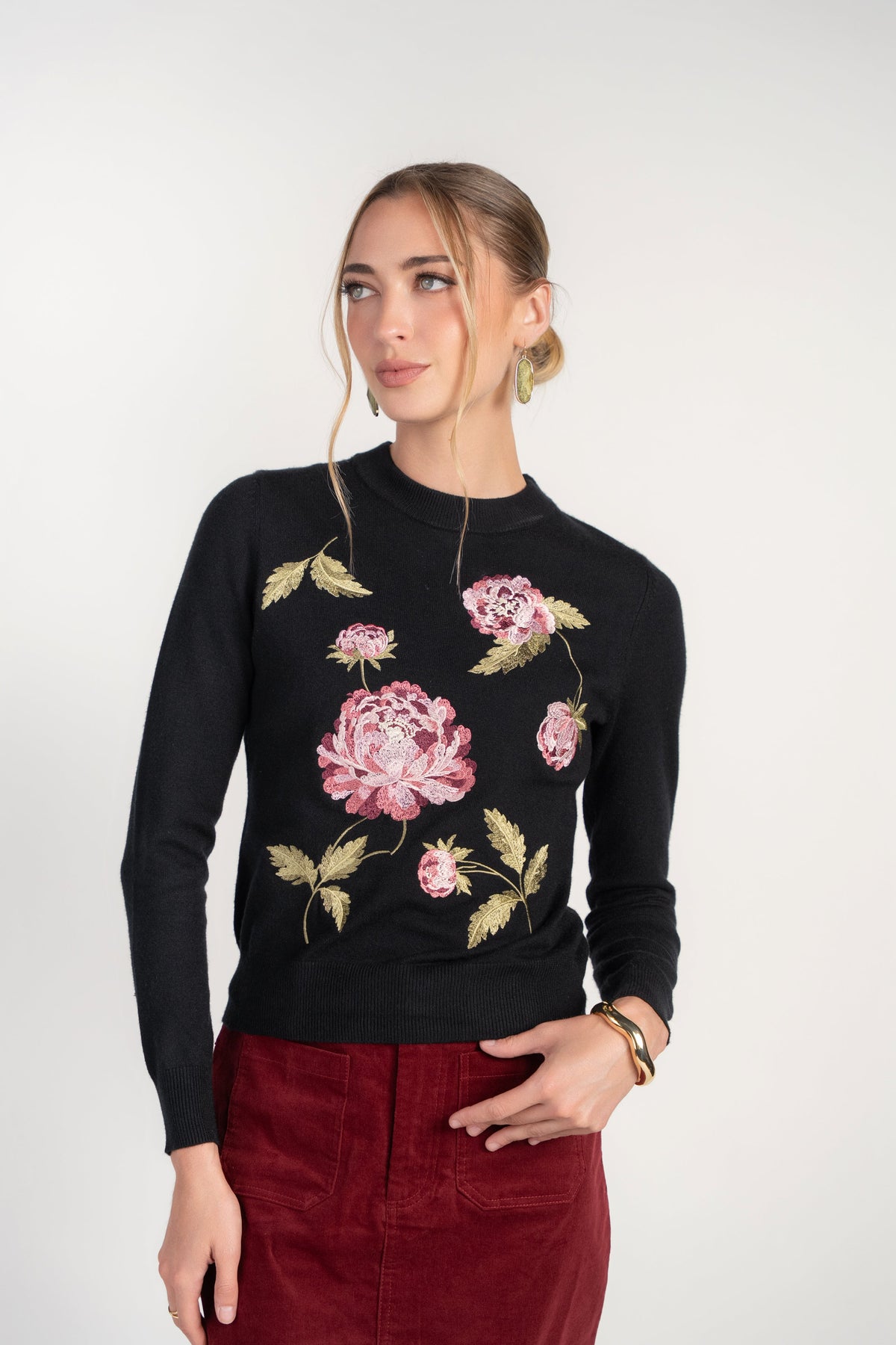 Floral Embroidered Black Sweater