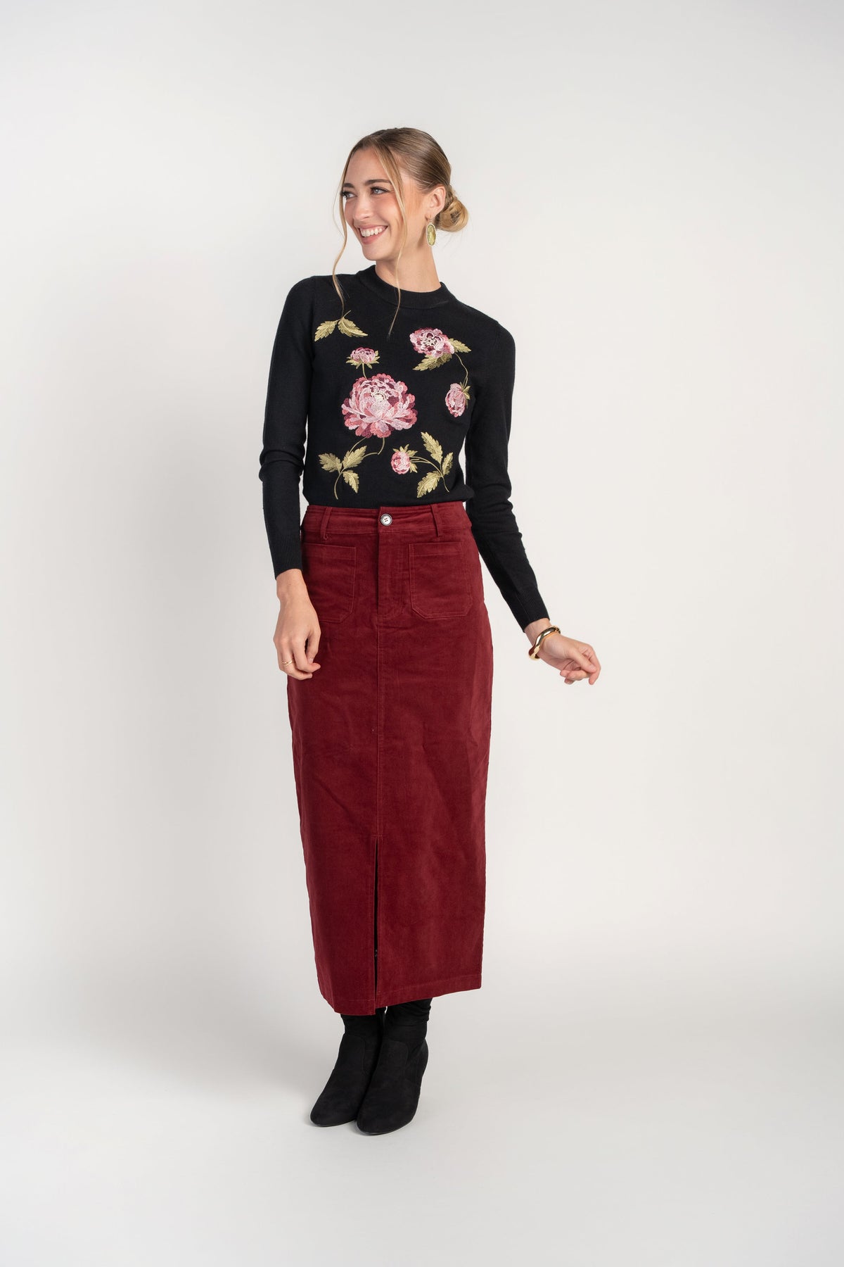 Floral Embroidered Black Sweater