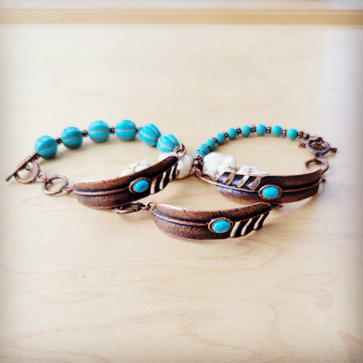 White Turquoise Copper Feather Bracelet