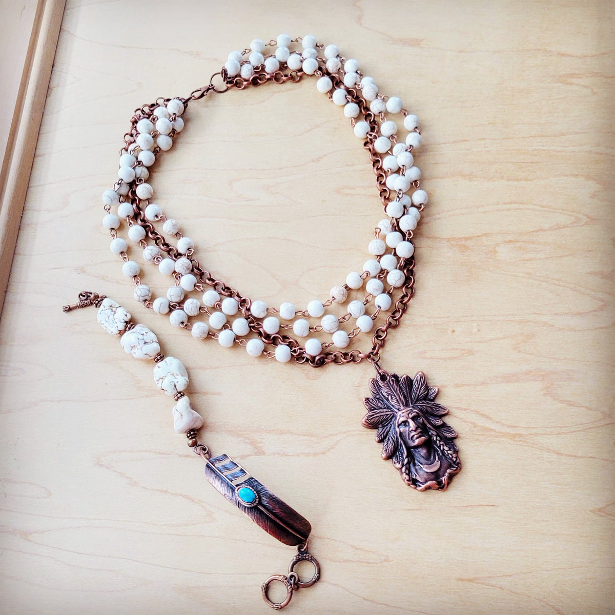 White Turquoise Copper Feather Bracelet