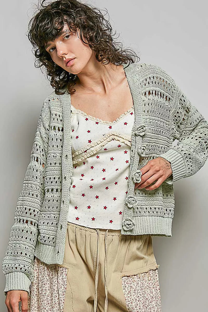 Open-Knit Floral Button Cardigan