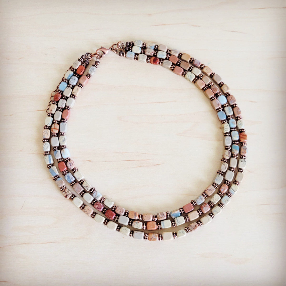 Triple Strand Aqua Terra & Copper Necklace