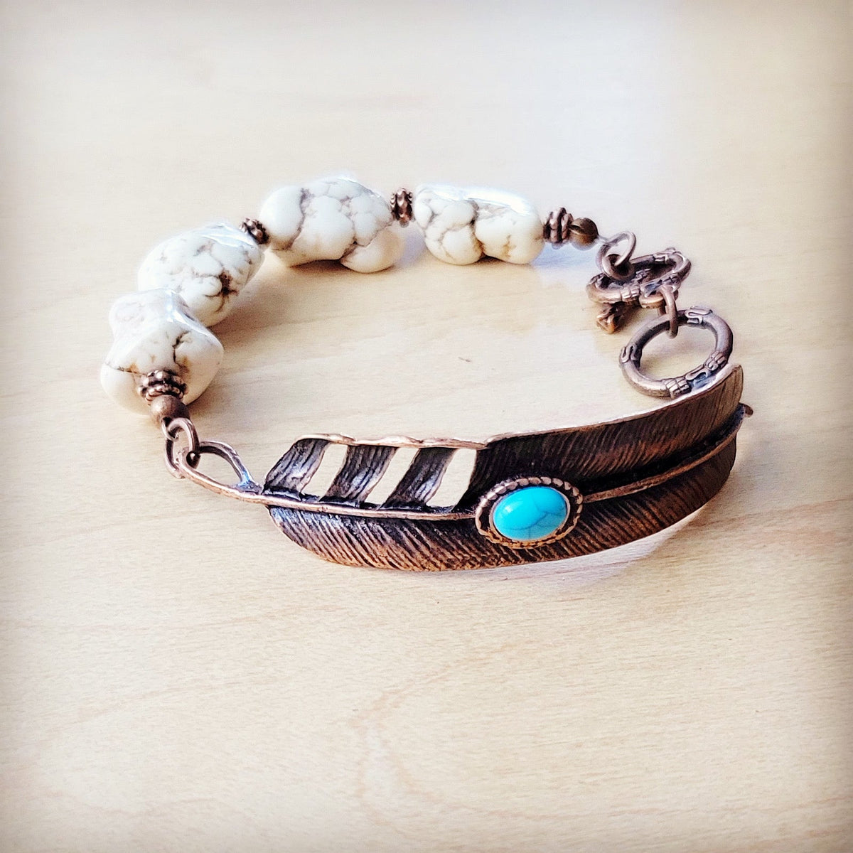 White Turquoise Copper Feather Bracelet