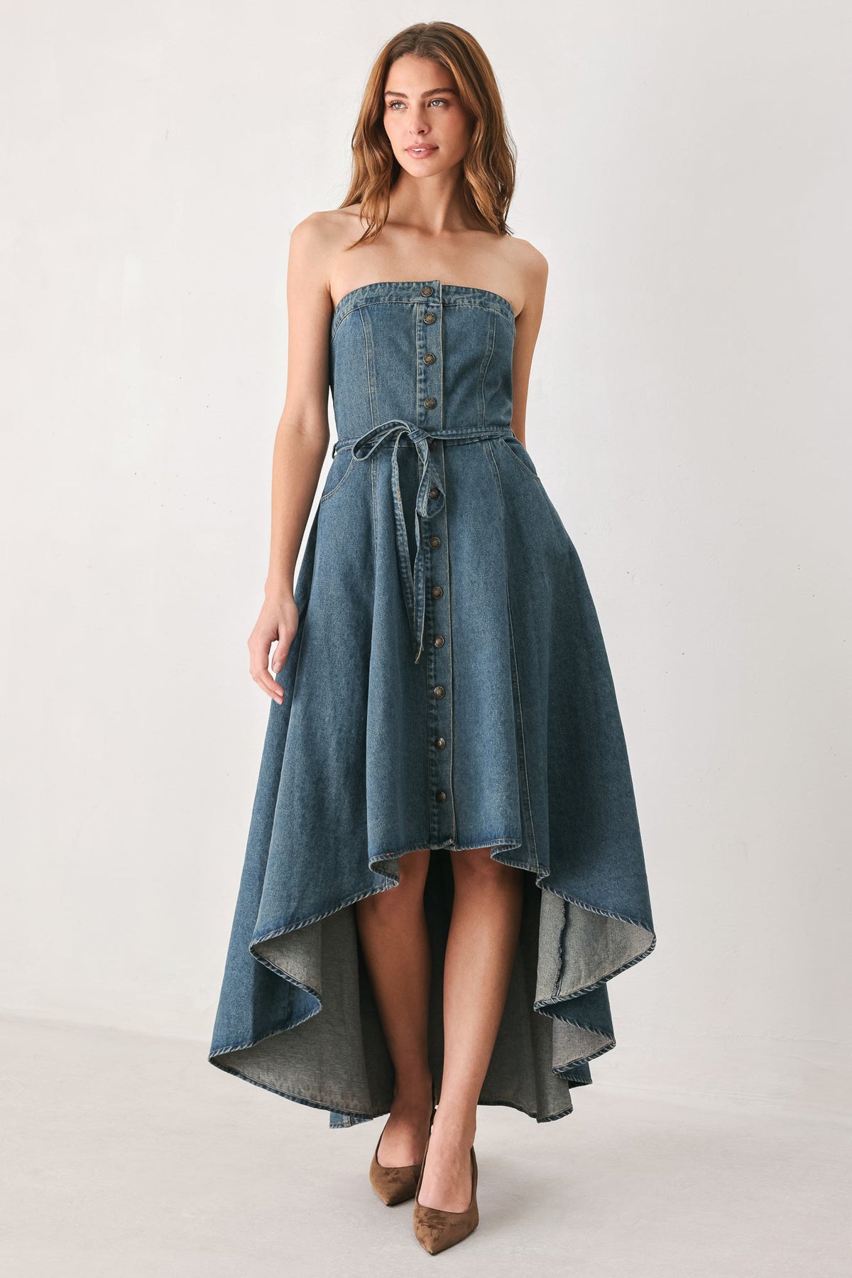 MIDNIGHT VOLUME DENIM MIDI DRESS