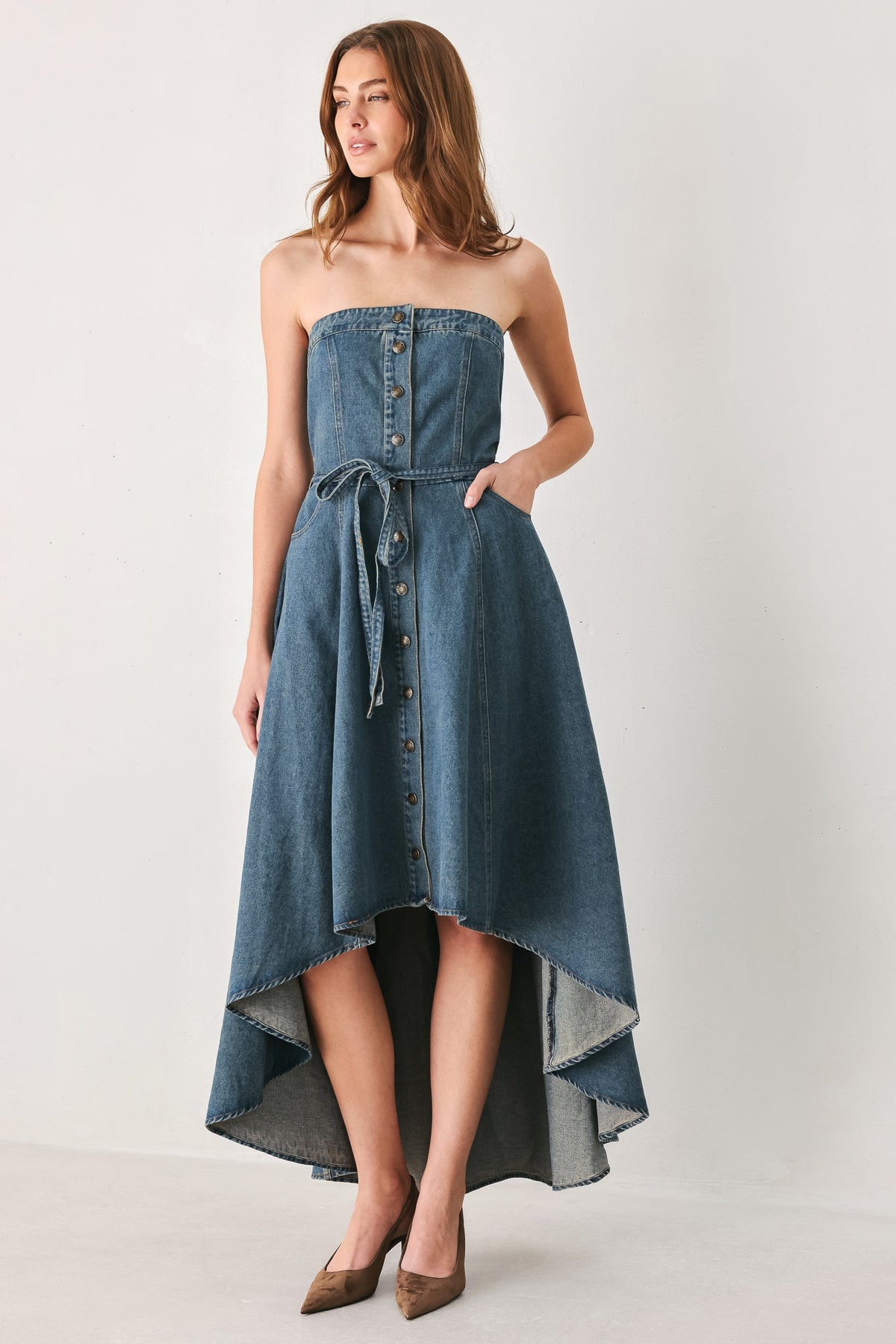 MIDNIGHT VOLUME DENIM MIDI DRESS