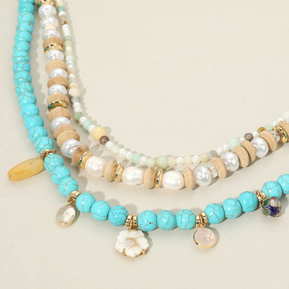 Mother of Pearl Flower Layered Beaded Necklace