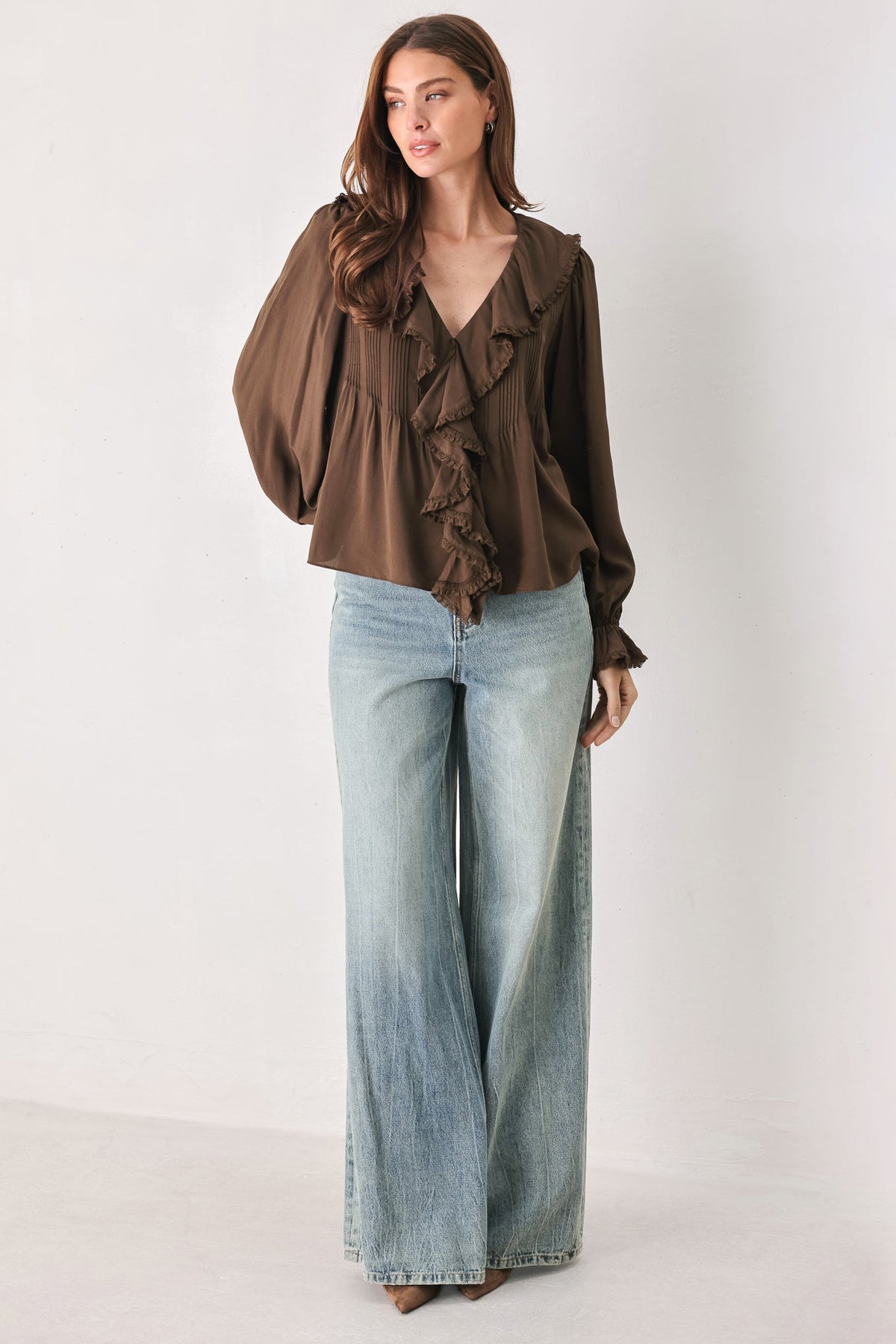 EARTHBOUND ROMANCE BROWN RUFFLE PINTUCK BLOUSE