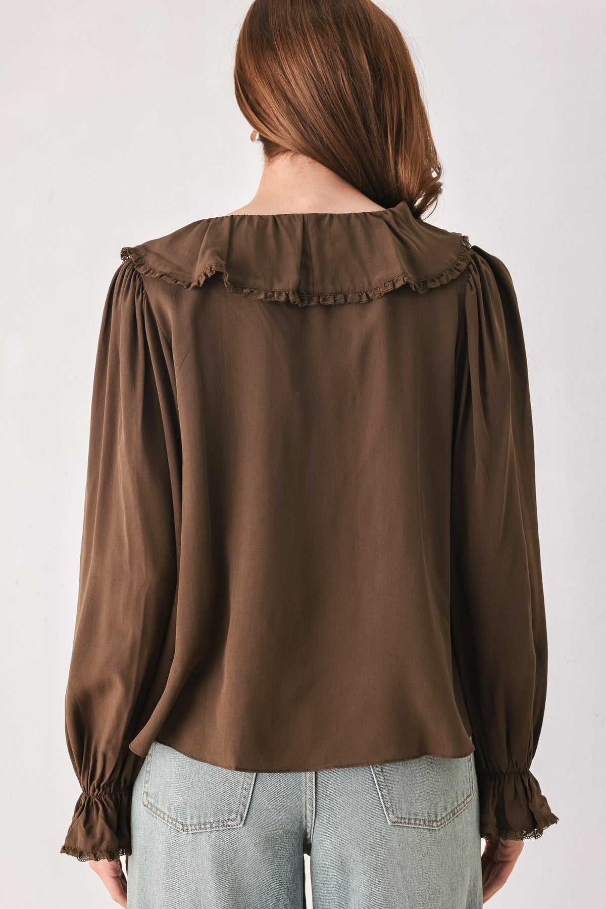 EARTHBOUND ROMANCE BROWN RUFFLE PINTUCK BLOUSE