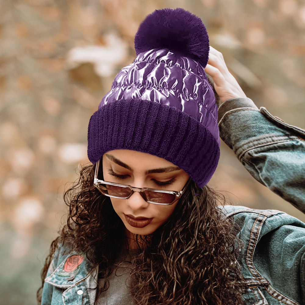 Fleece Lined Quilted Knit Pom Beanie