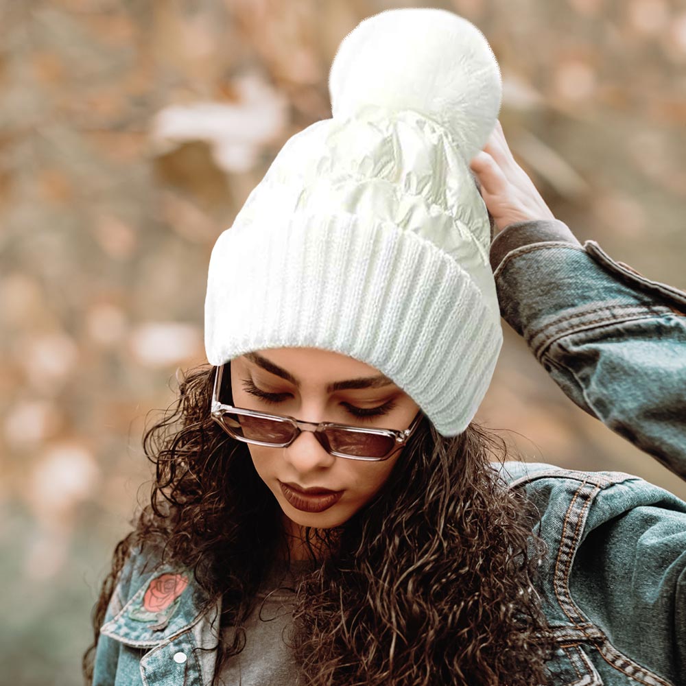 Fleece Lined Quilted Knit Pom Beanie