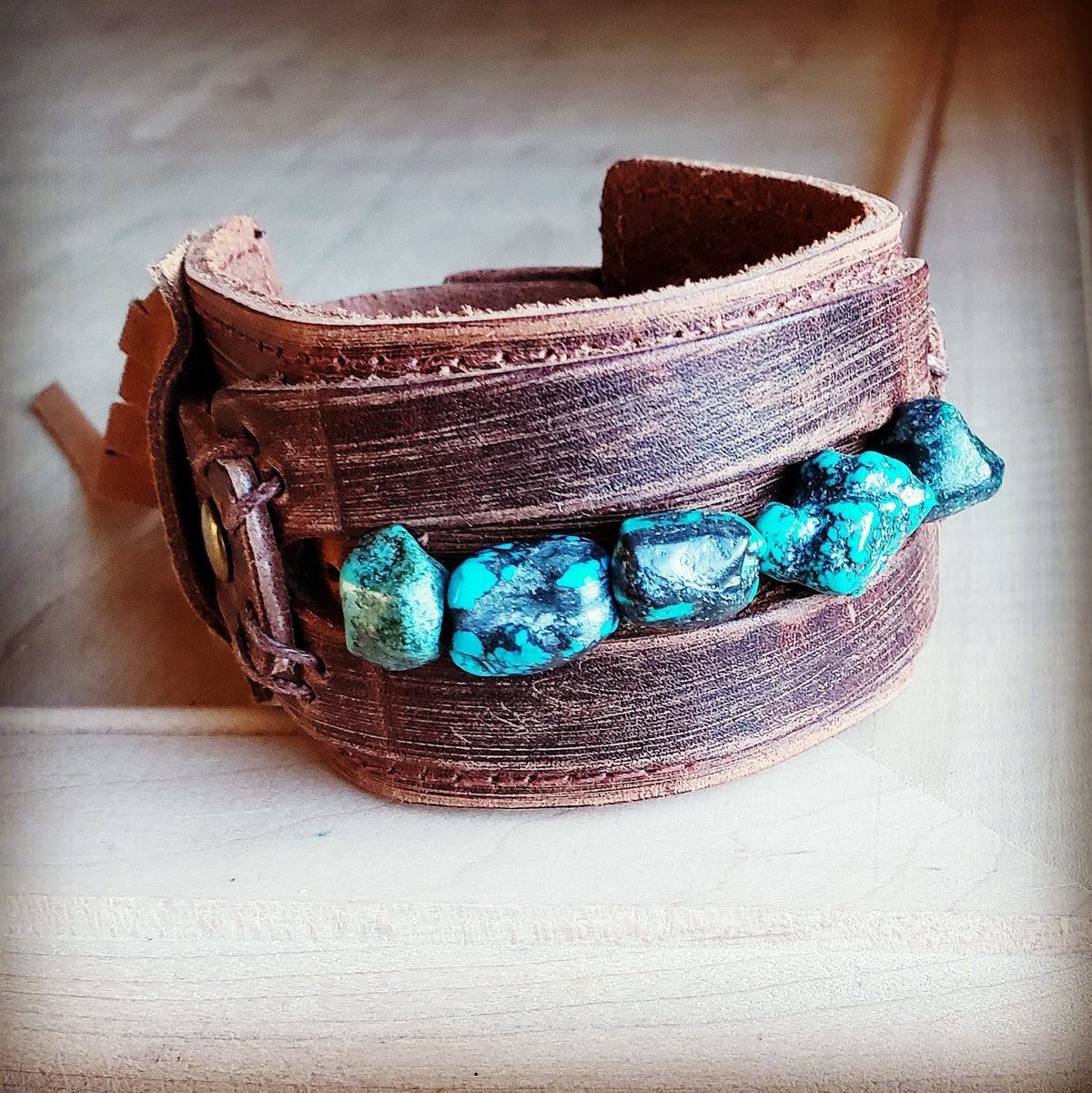 Wide Leather Cuff with Natural Turquoise