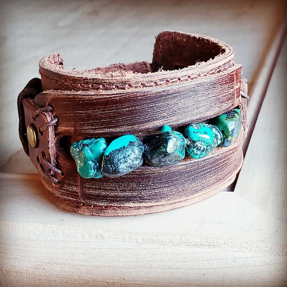 Wide Leather Cuff with Natural Turquoise