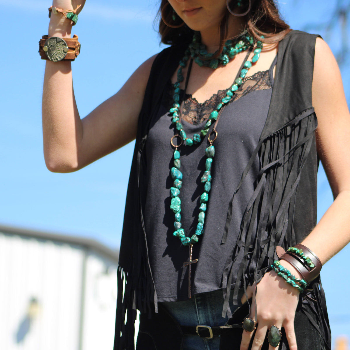 Double Strand Turquoise Feather Tassel Bracelet