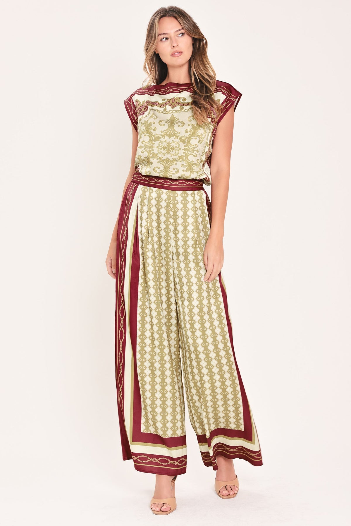 Vintage Vine Burgundy Wide-Leg Pants