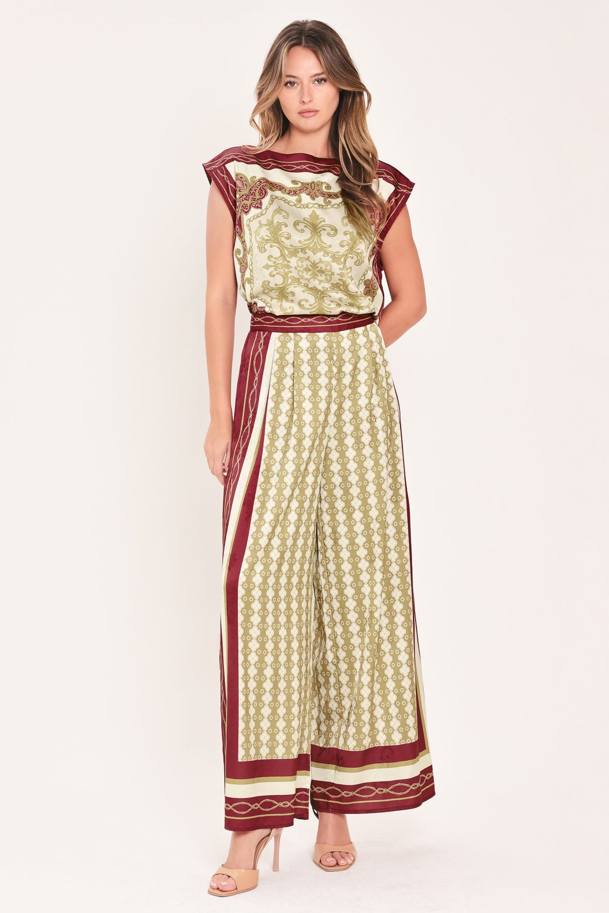 Vintage Vine Burgundy Wide-Leg Pants