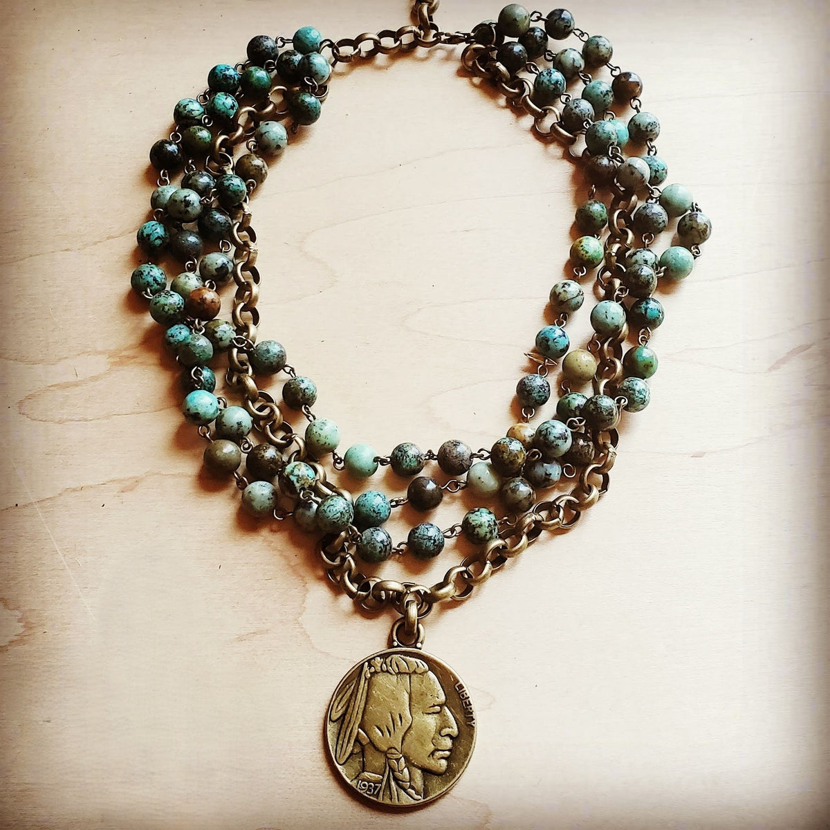 African Turquoise Buffalo Coin Collar Necklace