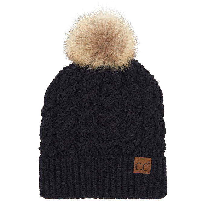 C.C Cable Knit Beanie with Faux Fur Pom