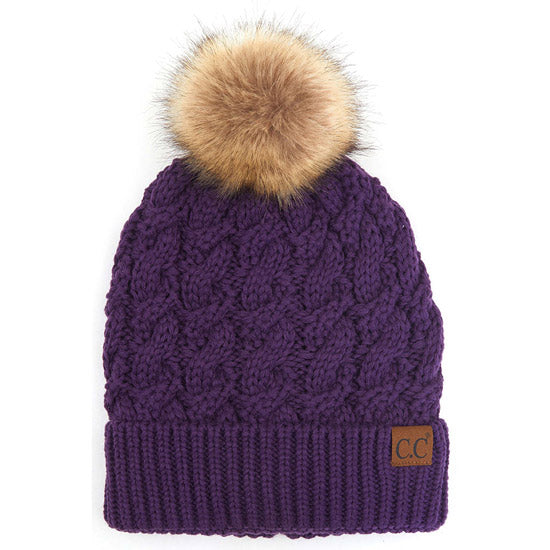 C.C Cable Knit Beanie with Faux Fur Pom