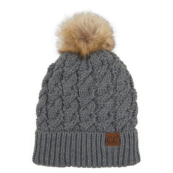 C.C Cable Knit Beanie with Faux Fur Pom