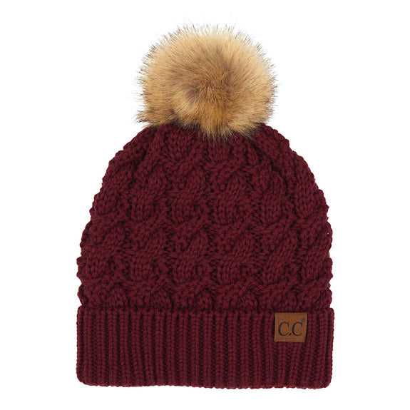 C.C Cable Knit Beanie with Faux Fur Pom