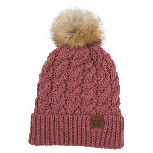 C.C Cable Knit Beanie with Faux Fur Pom
