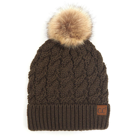 C.C Cable Knit Beanie with Faux Fur Pom