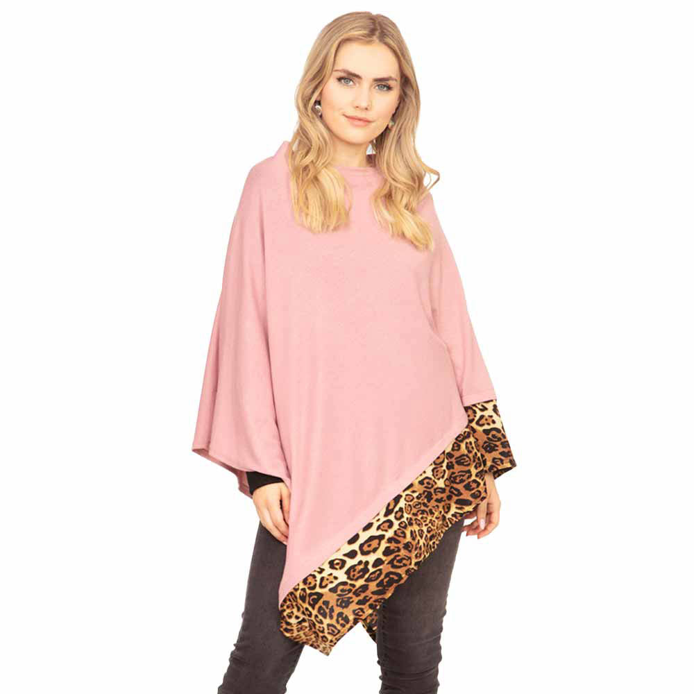 Faux Leopard Trim Poncho Ruana