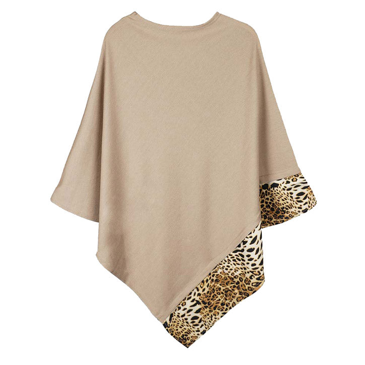 Faux Leopard Trim Poncho Ruana