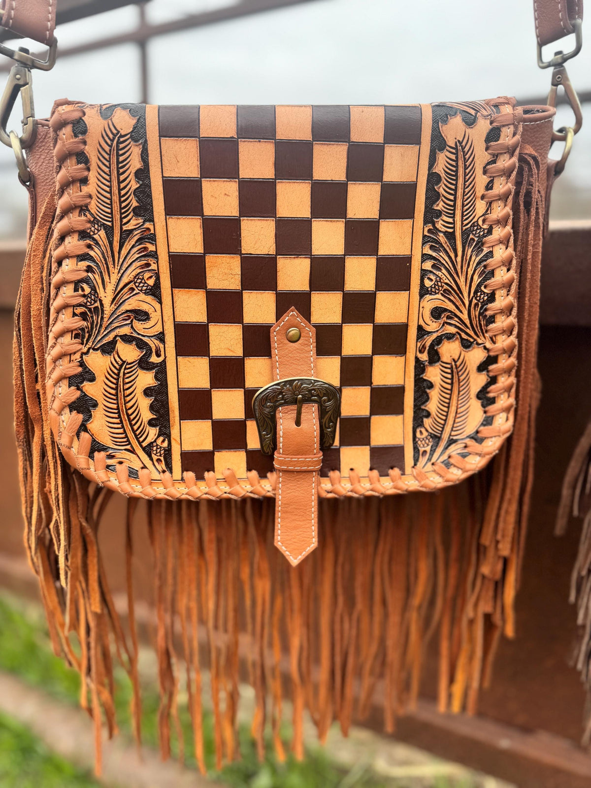 Double B Fringe Checkered Leather Purse