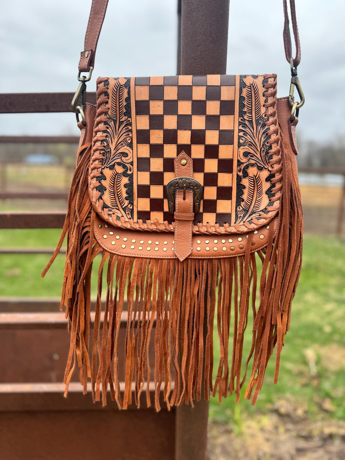 Double B Fringe Checkered Leather Purse