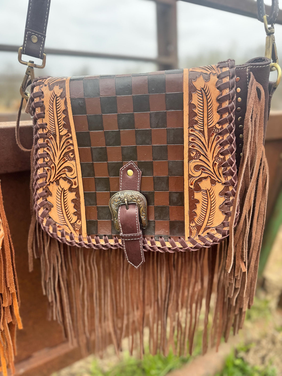 Double B Fringe Checkered Leather Purse