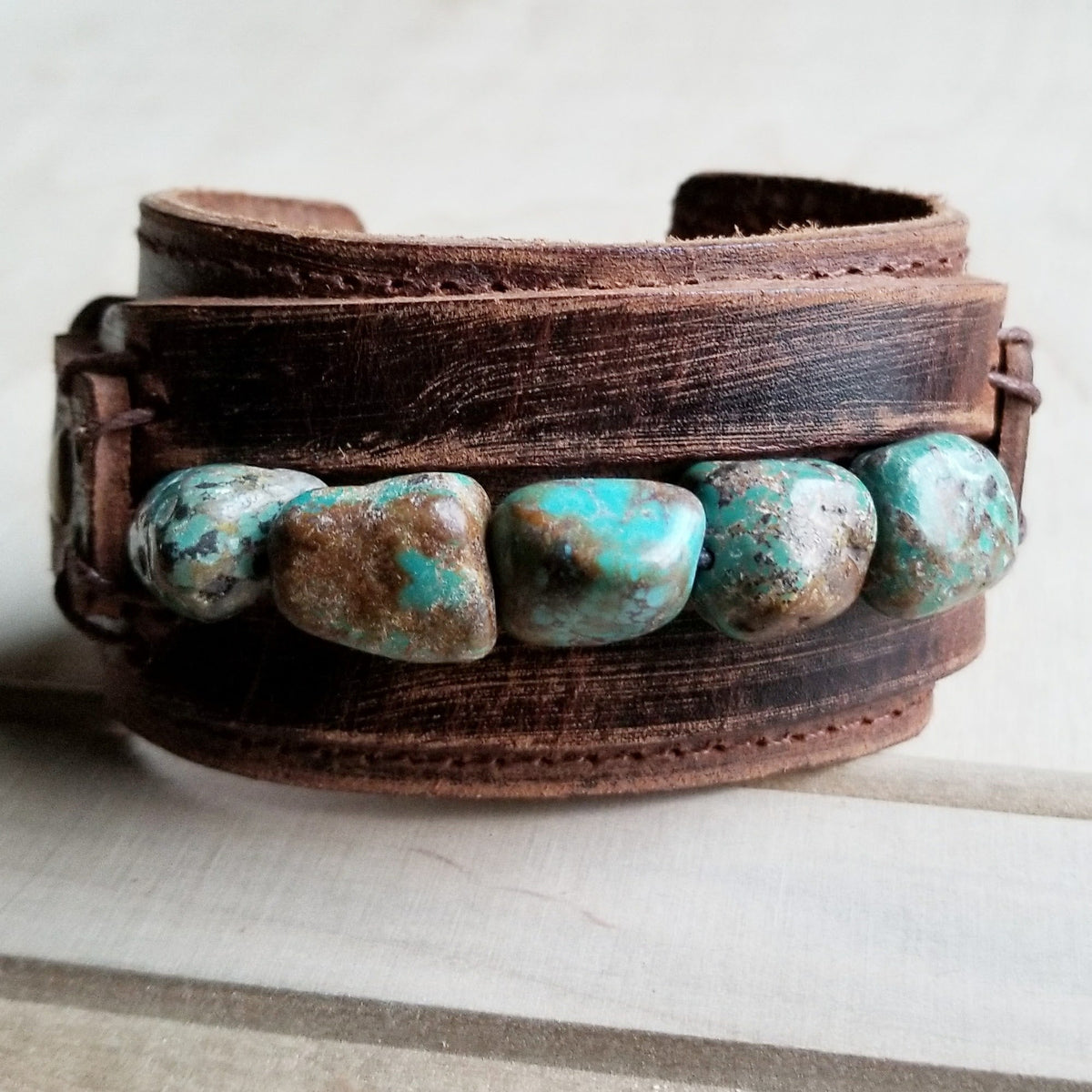 Wide Leather Cuff with Natural Turquoise