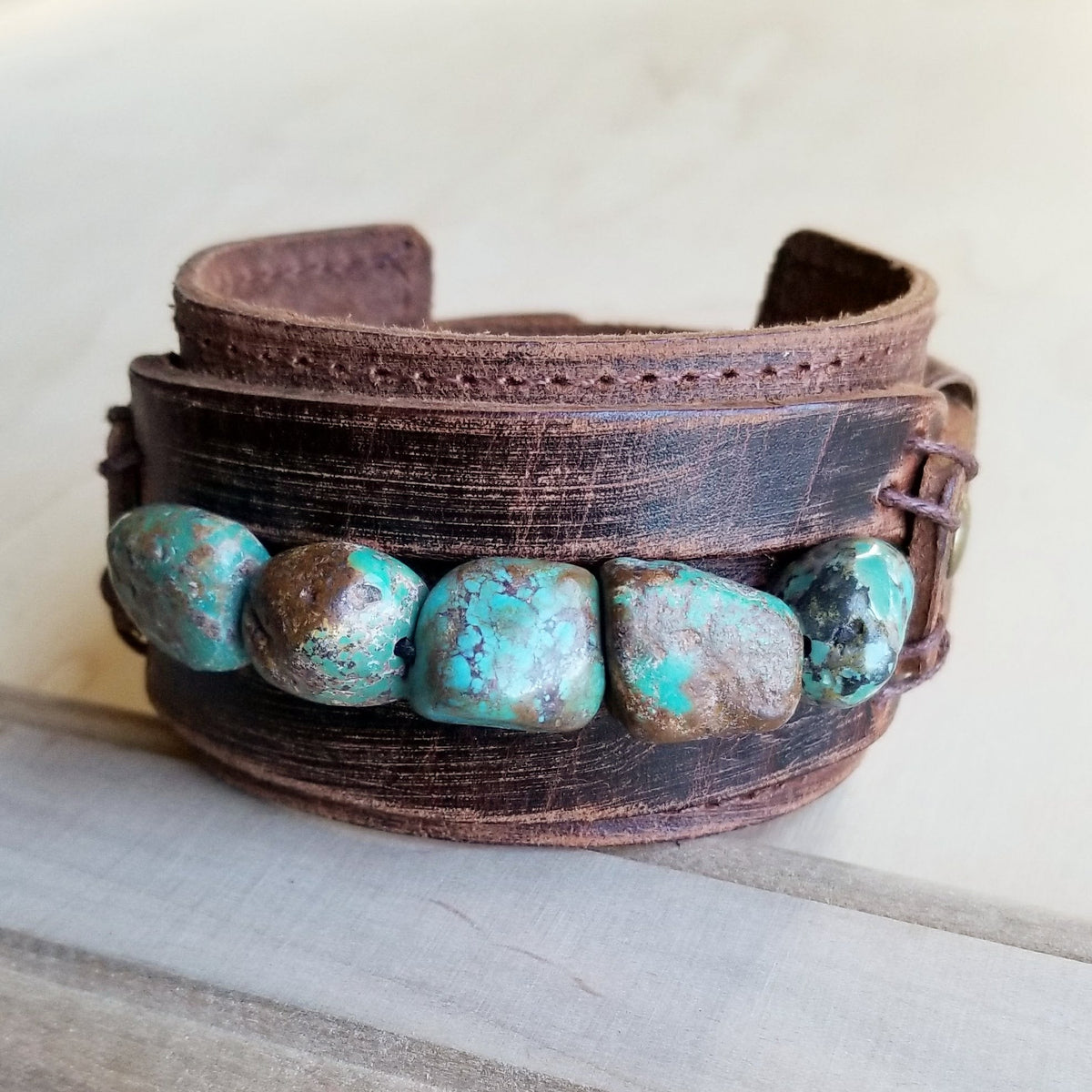 Wide Leather Cuff with Natural Turquoise