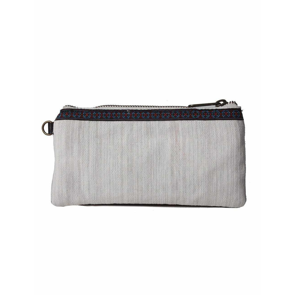 Geometric Embroidered Wristlet with Leather Strap