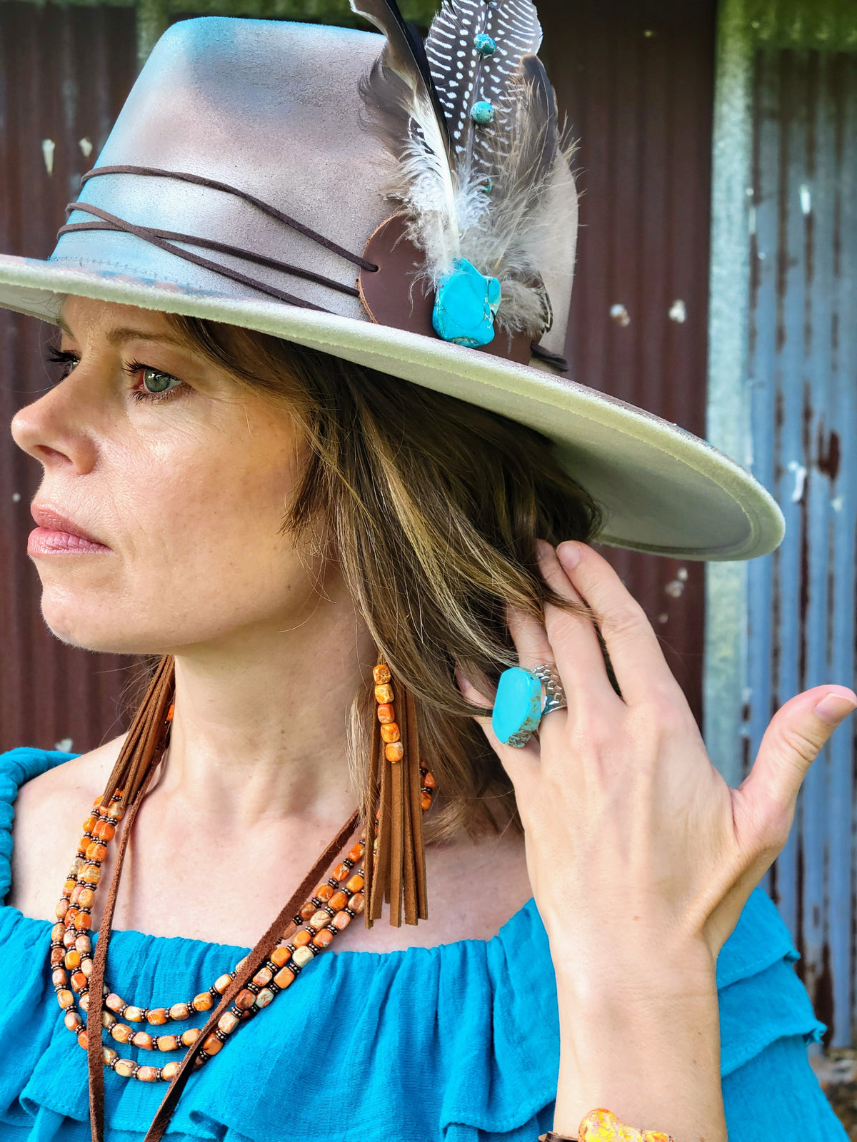 Leather Fringe Earrings with Orange Regalite