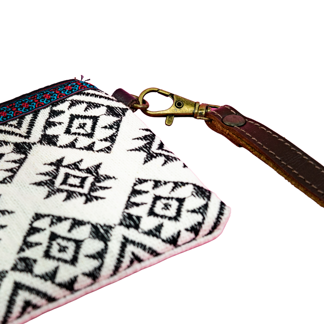 Geometric Embroidered Wristlet with Leather Strap