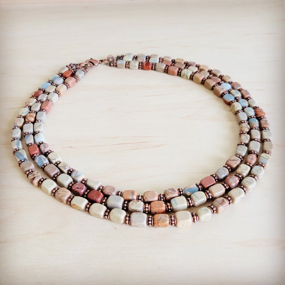 Triple Strand Aqua Terra & Copper Necklace