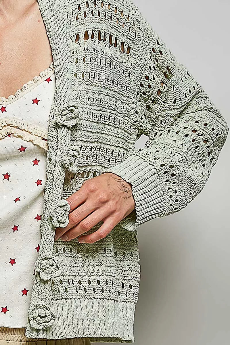 Open-Knit Floral Button Cardigan