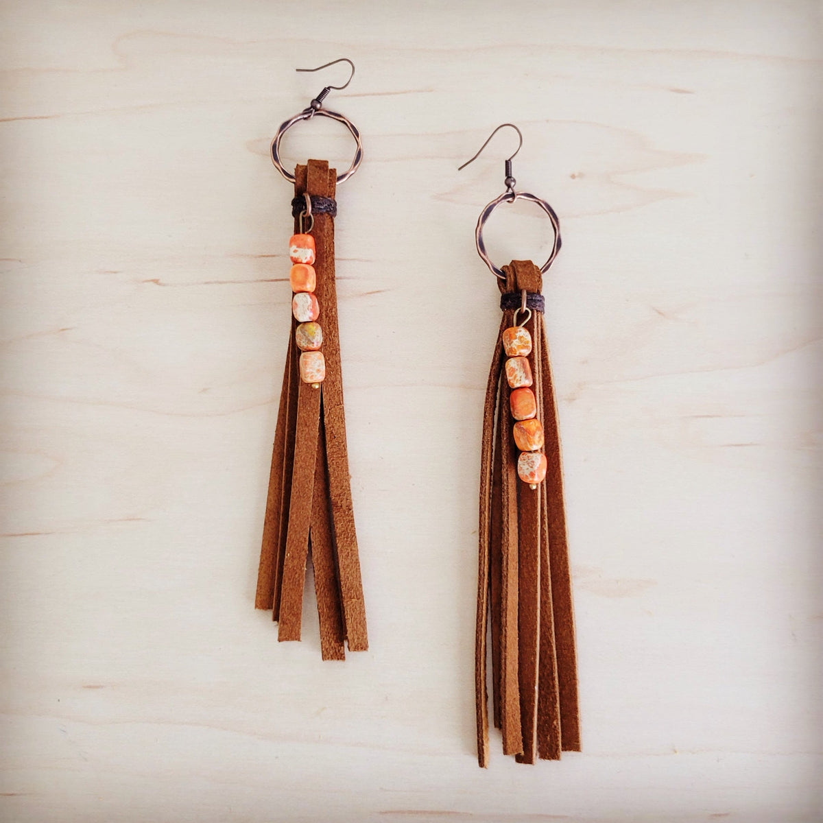 Leather Fringe Earrings with Orange Regalite