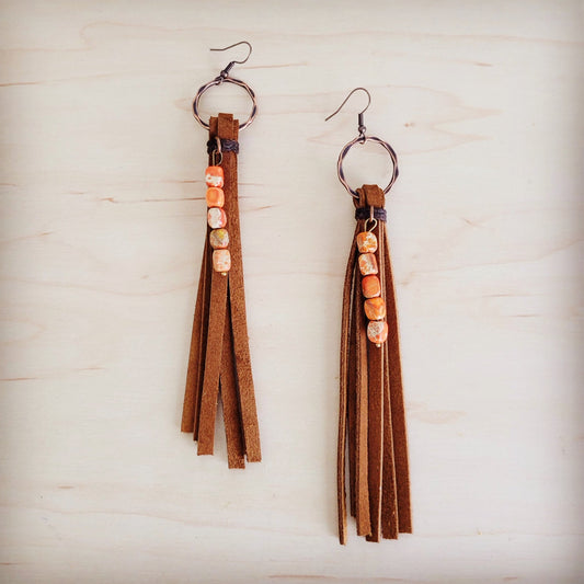 Leather Fringe Earrings with Orange Regalite